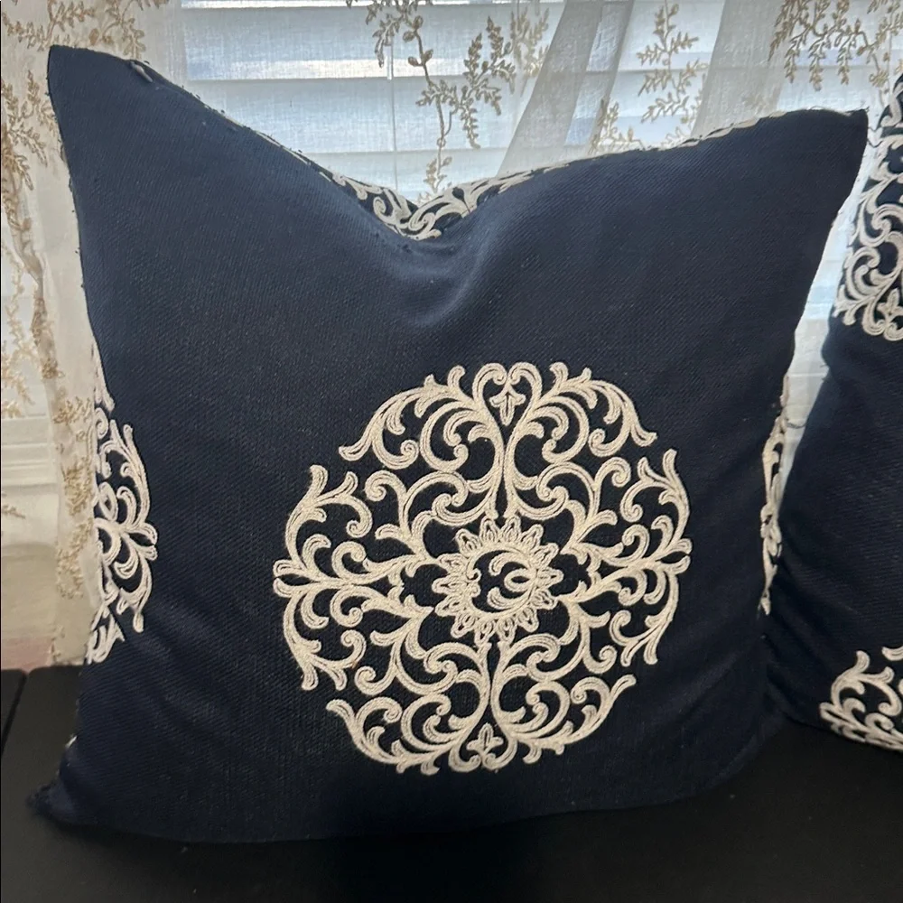 Navy blue white floral design set of 2 decor pillow